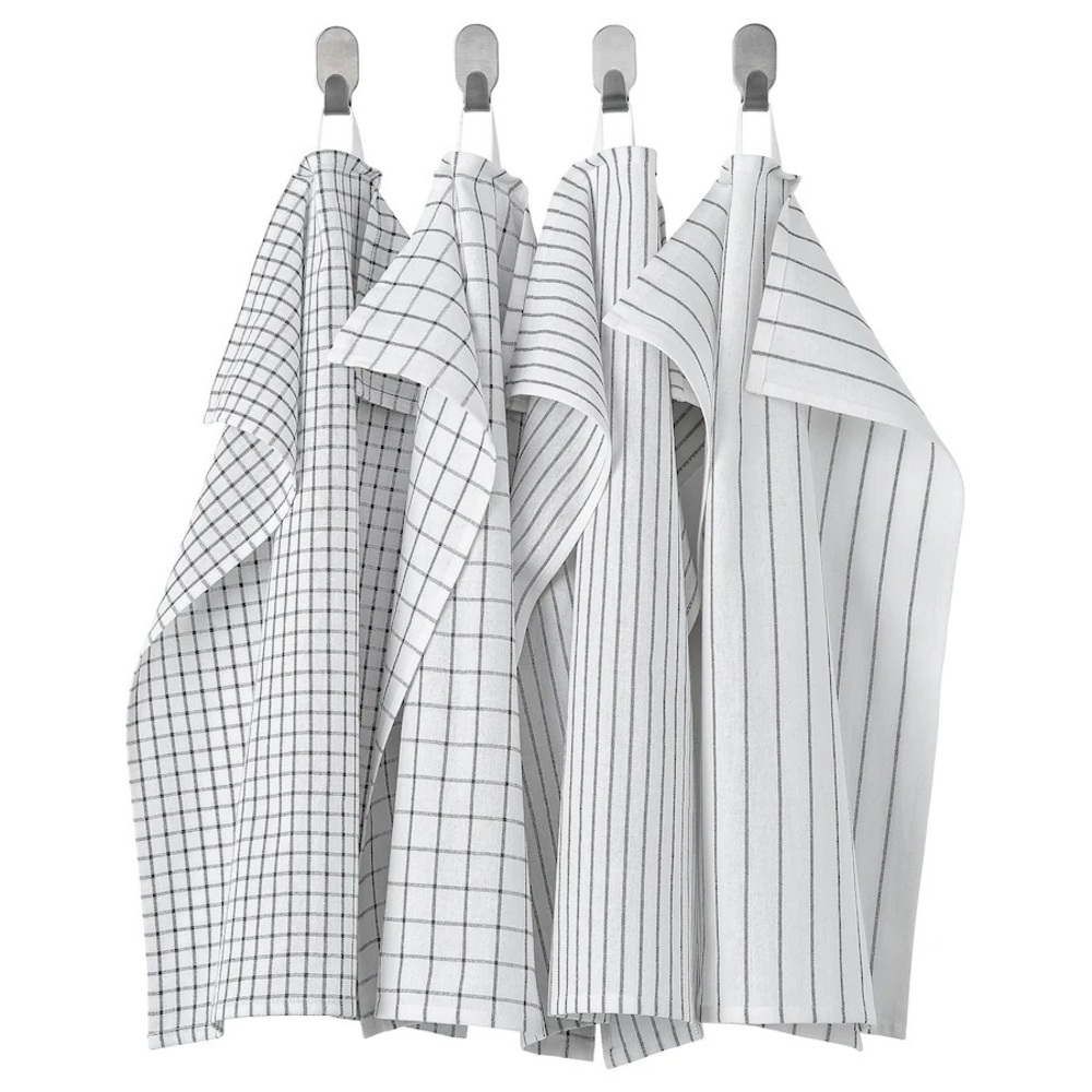 RINNIG Dish towel, white/dark gray/patterned, 18x24 "
